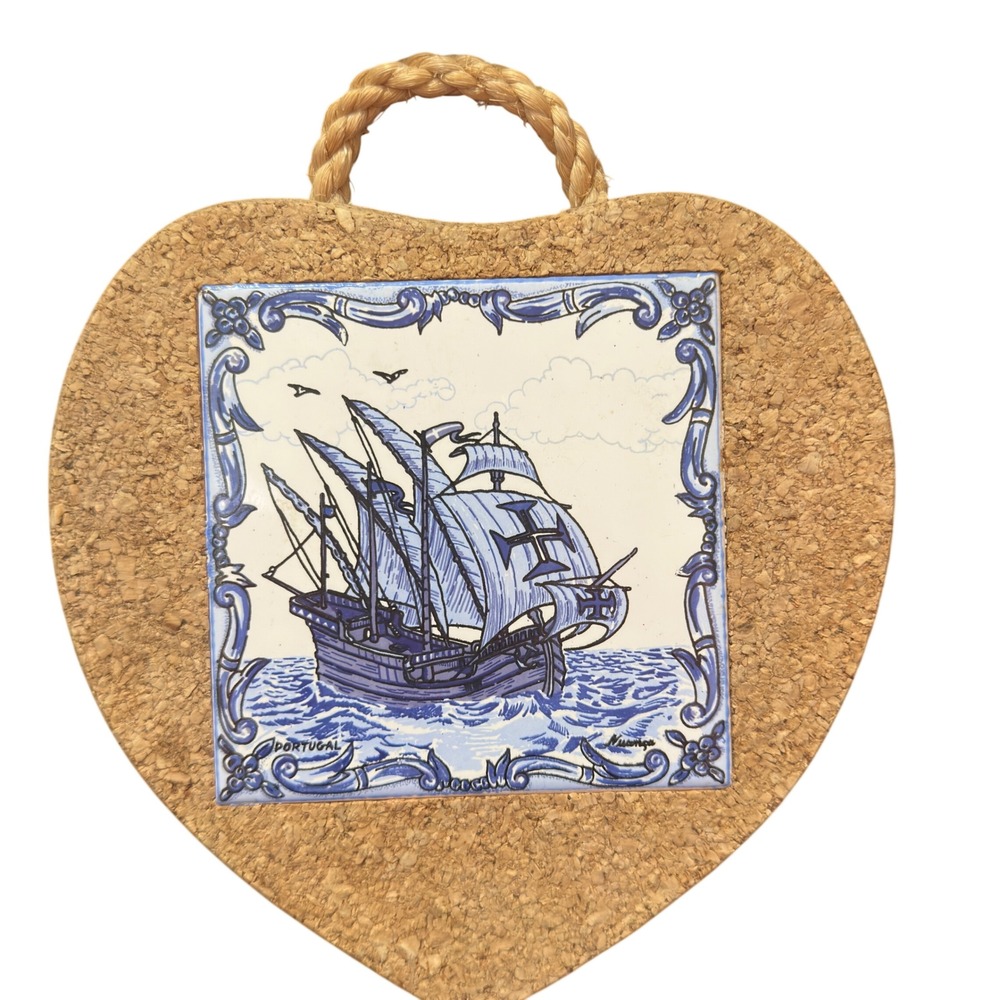 Portugal Ceramic Tile Cork Trivet Heart Shape Blue White Nautical Ship‎ Decor